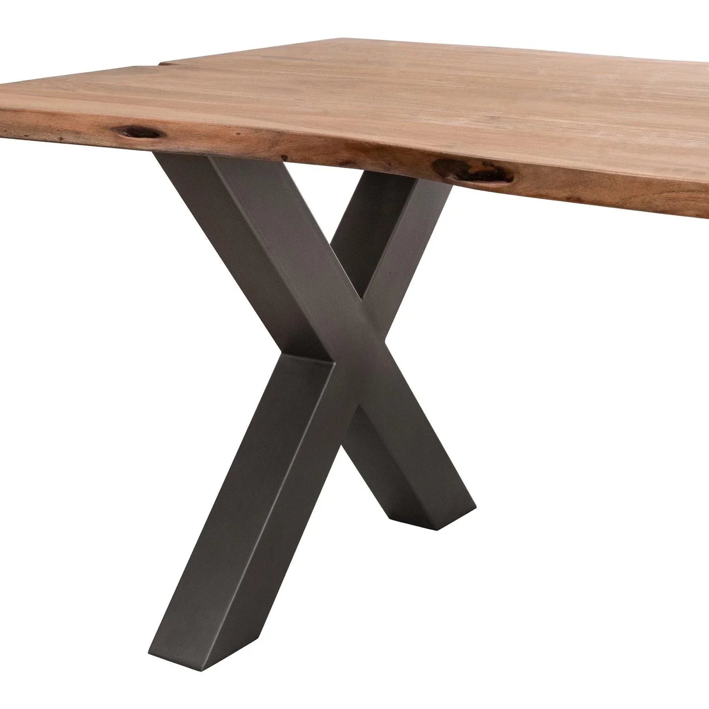 Wood dining table with black metal X-frame legs and natural edge detail