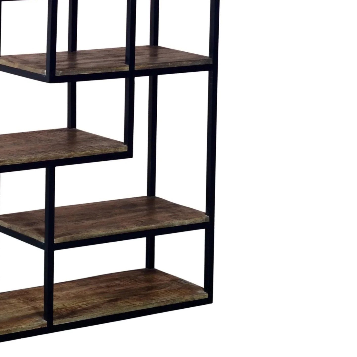 Modern industrial bookshelf with black metal frame and wooden shelves
