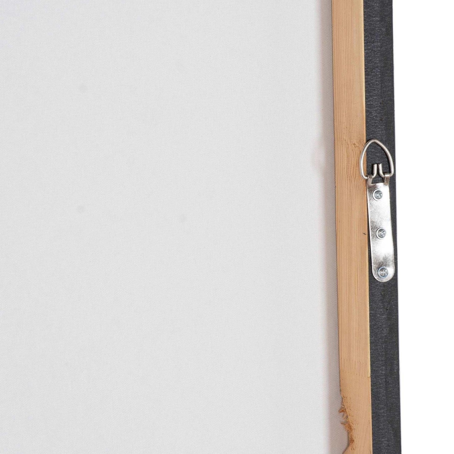 Close-up of wooden frame with metal hanging hardware for wall art or canvas decor