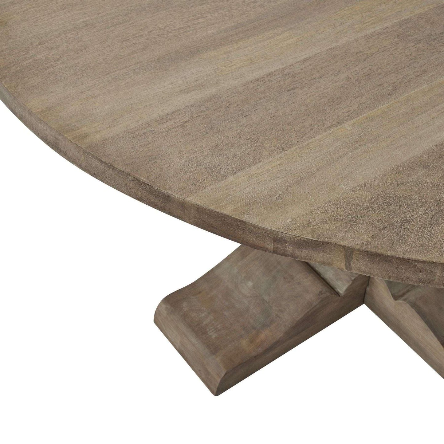 Handcrafted round wooden table with natural finish and sturdy pedestal base