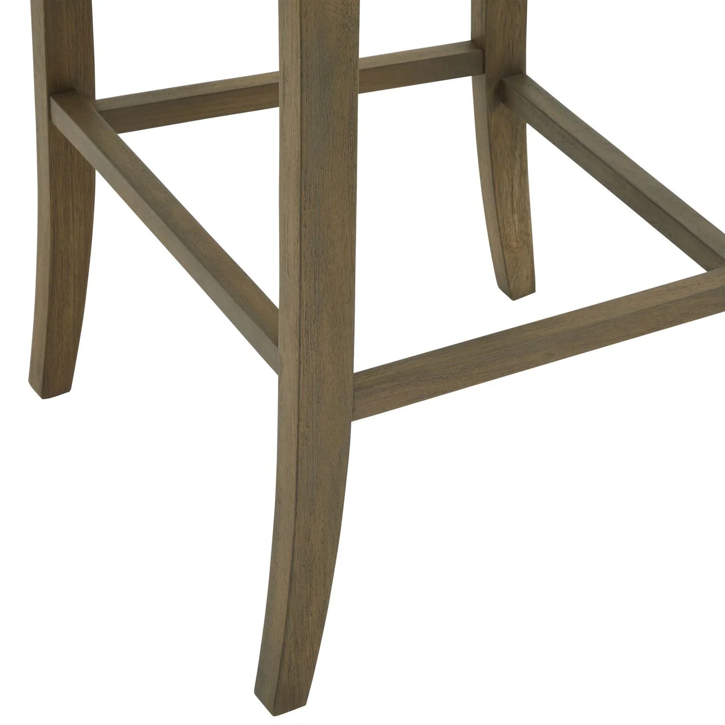 Close-up of wooden furniture legs with crossbar support, natural oak finish