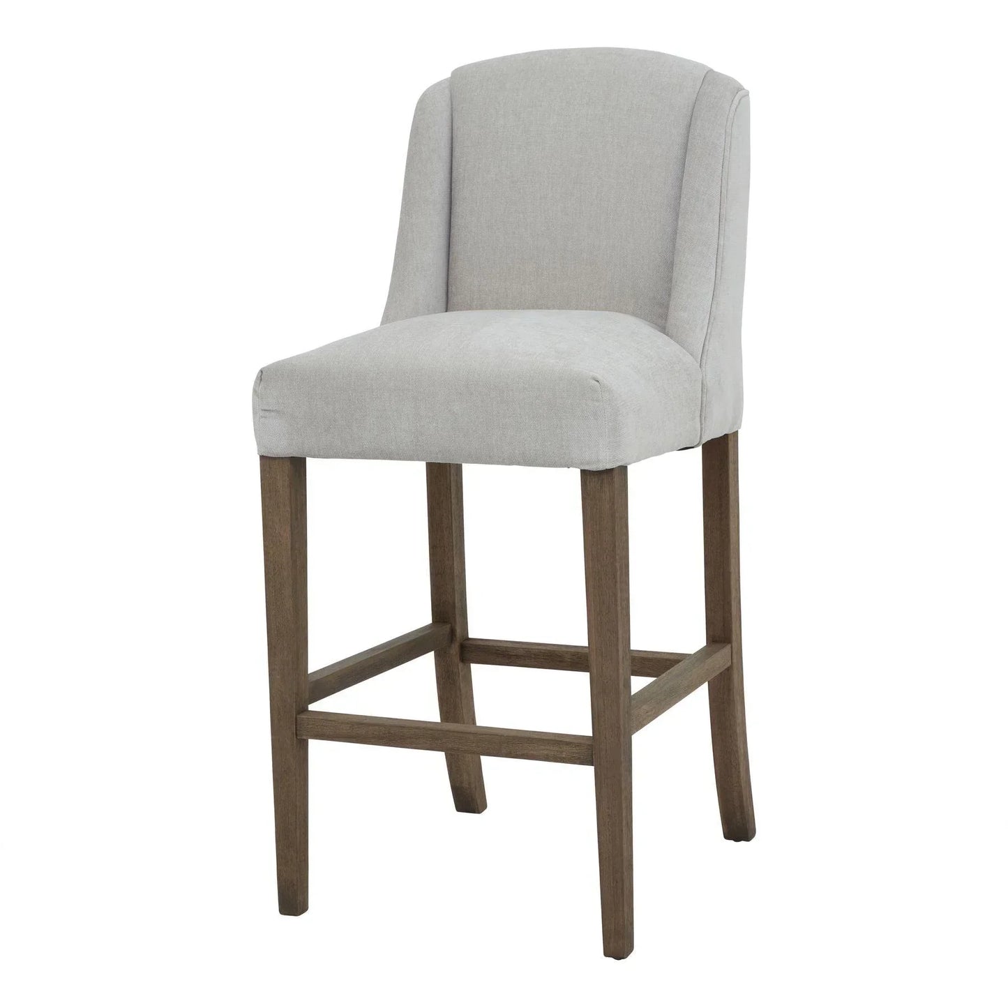 Upholstered counter height stool with light grey fabric and wooden legs, modern kitchen seating