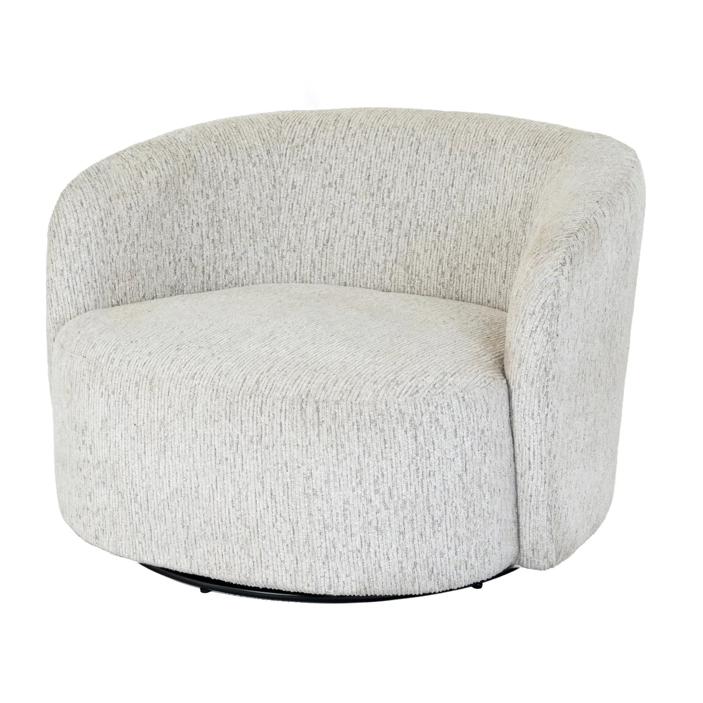 Contemporary round accent chair in textured light grey upholstery with curved backrest