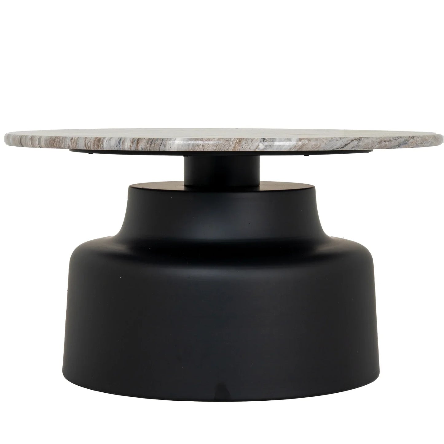 Modern coffee table with thick marble top and black sculpted base, luxury contemporary design