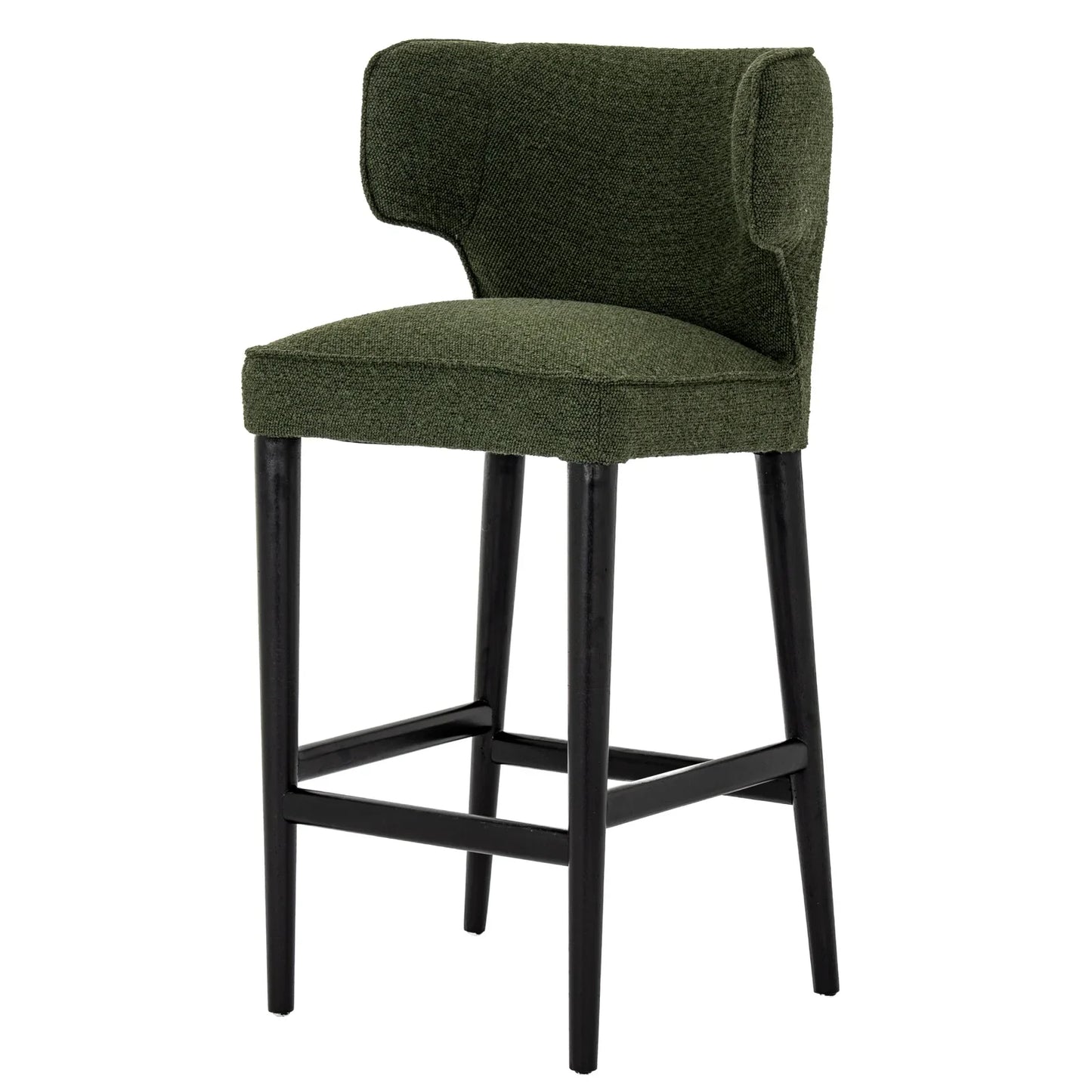 Green upholstered bar stool with winged backrest and black wooden legs