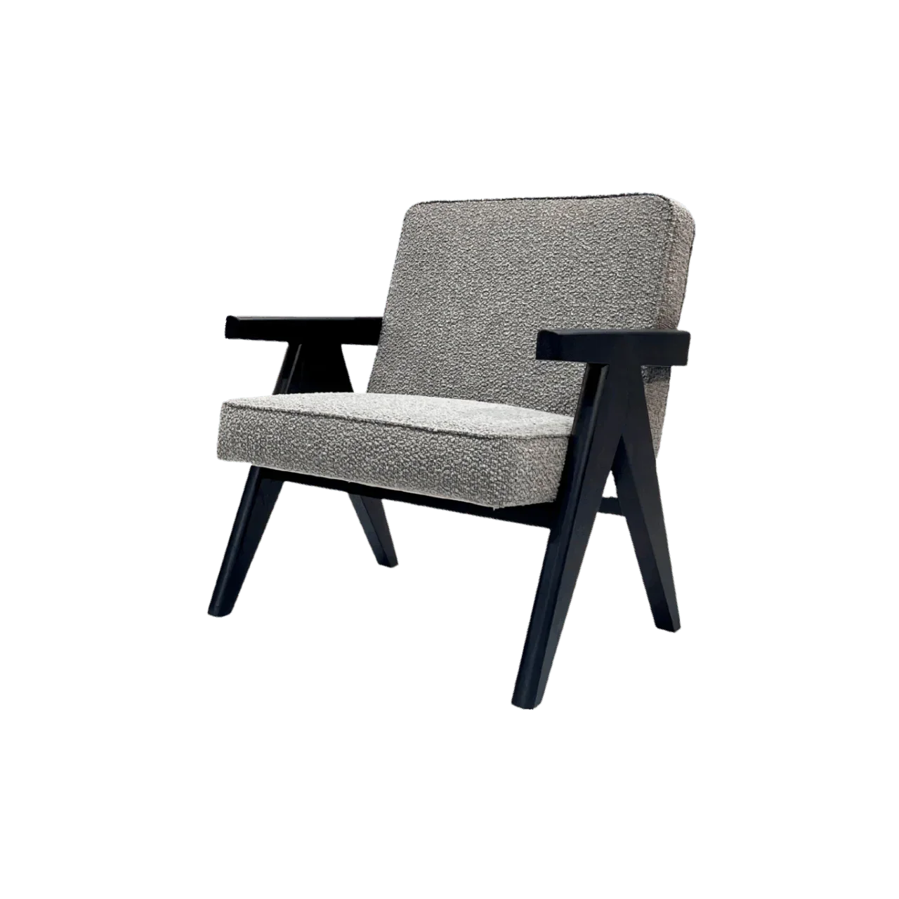 Modern accent chair with textured light grey upholstery and black wooden frame, mid-century style.