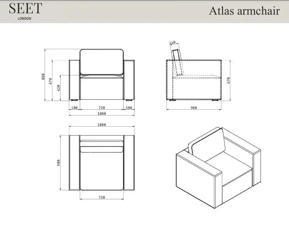 Atlas armchair technical drawing with dimensions, modern boxy design, front and side views
