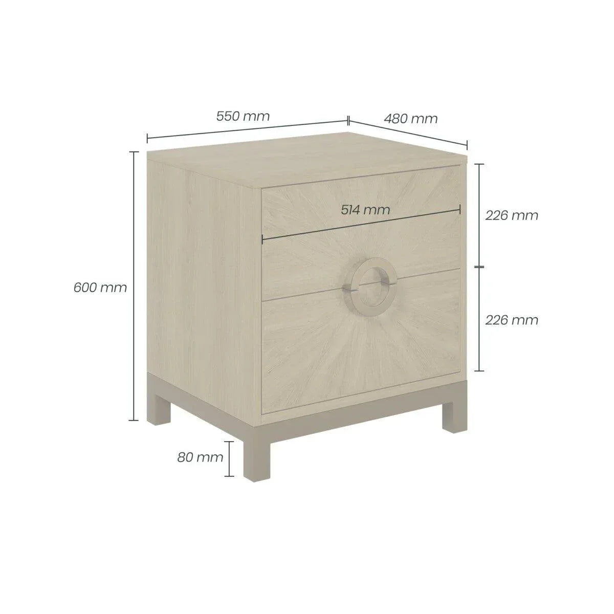 Modern wooden nightstand with two drawers and dimensions in millimeters labeled