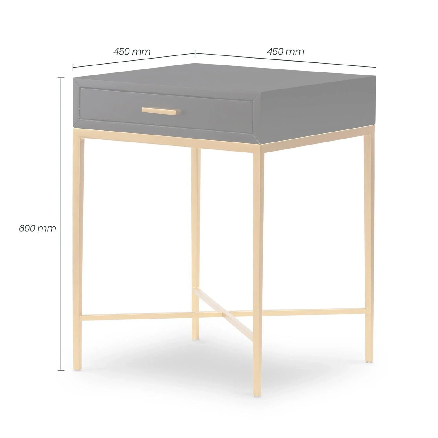 Modern grey and gold bedside table with drawer, metal legs, and dimensions labeled 450x450x600 mm.