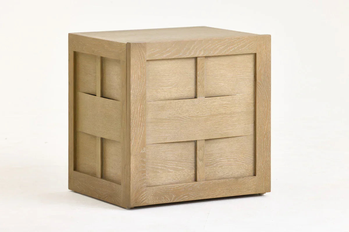 Modern cube-shaped oak side table with woven panel design, natural wood finish
