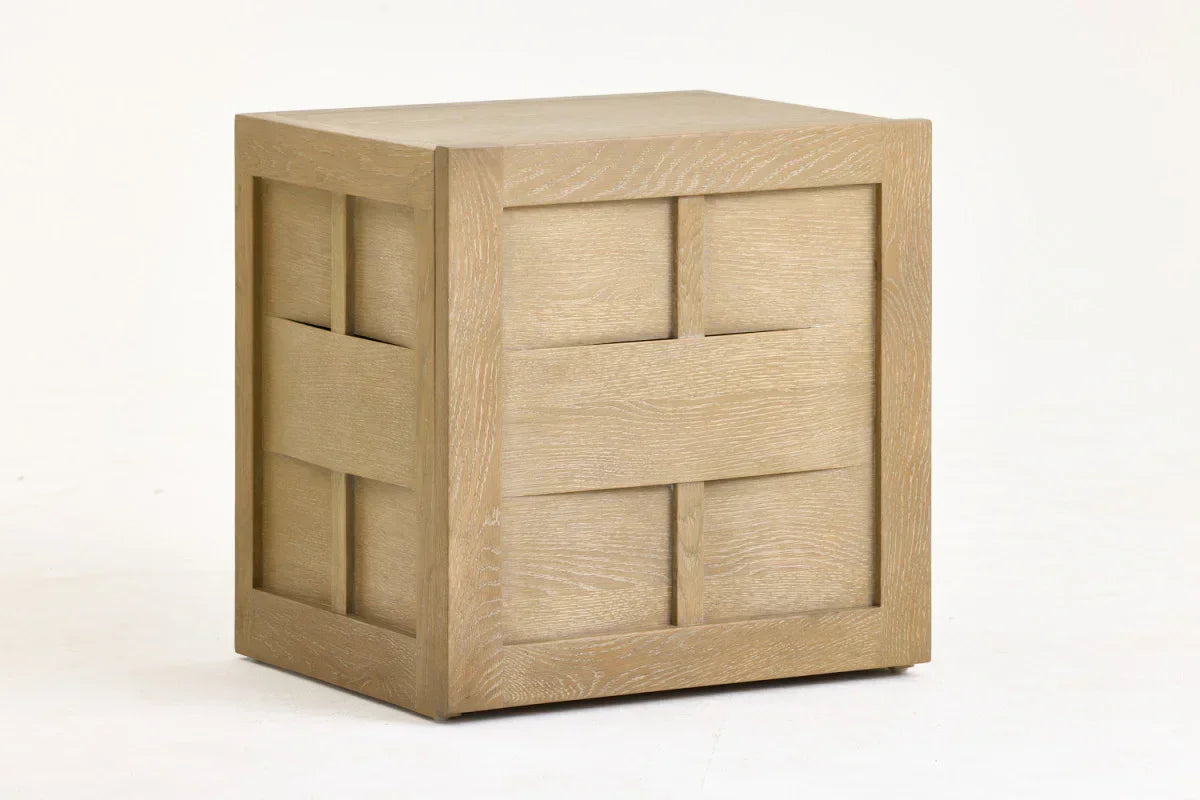 Modern cube-shaped oak side table with woven panel design, natural wood finish