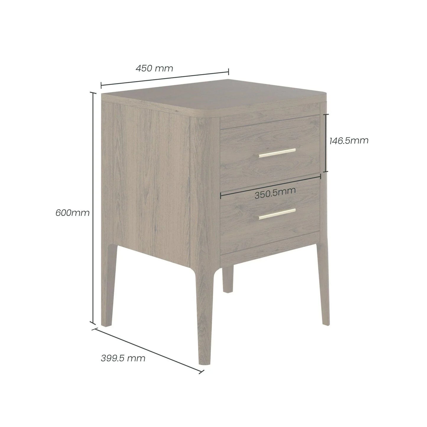 Modern wooden bedside table with two drawers, light finish, and detailed dimensions labeled