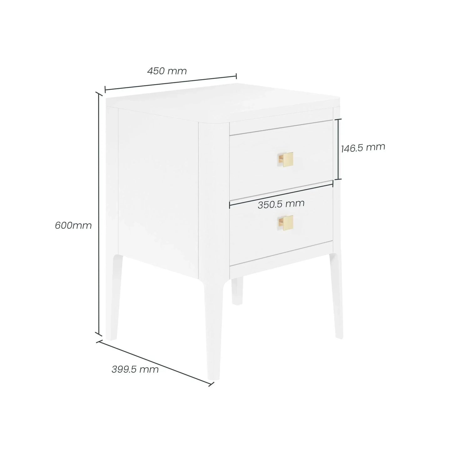 White two-drawer nightstand with gold handles, shown with detailed dimensions in millimeters