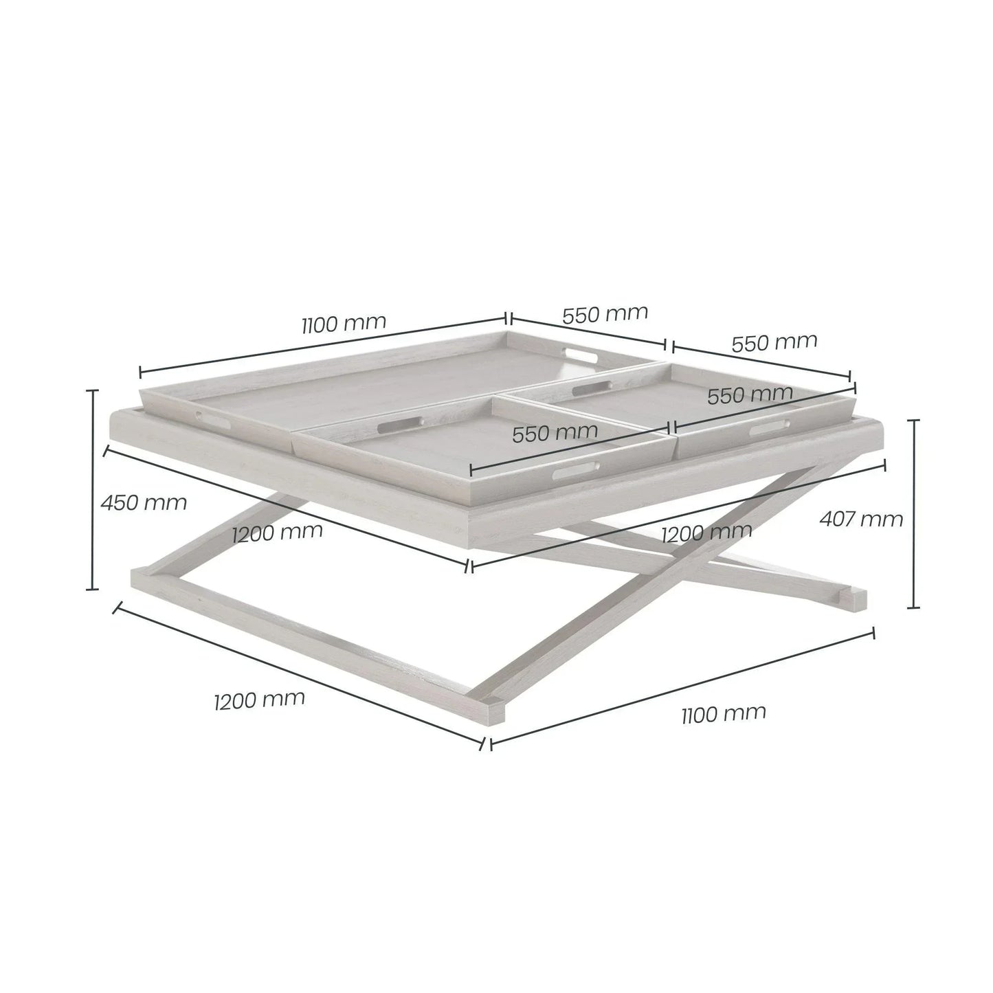 Modern white wooden coffee table with X-leg design and detailed dimensions labeled in millimeters