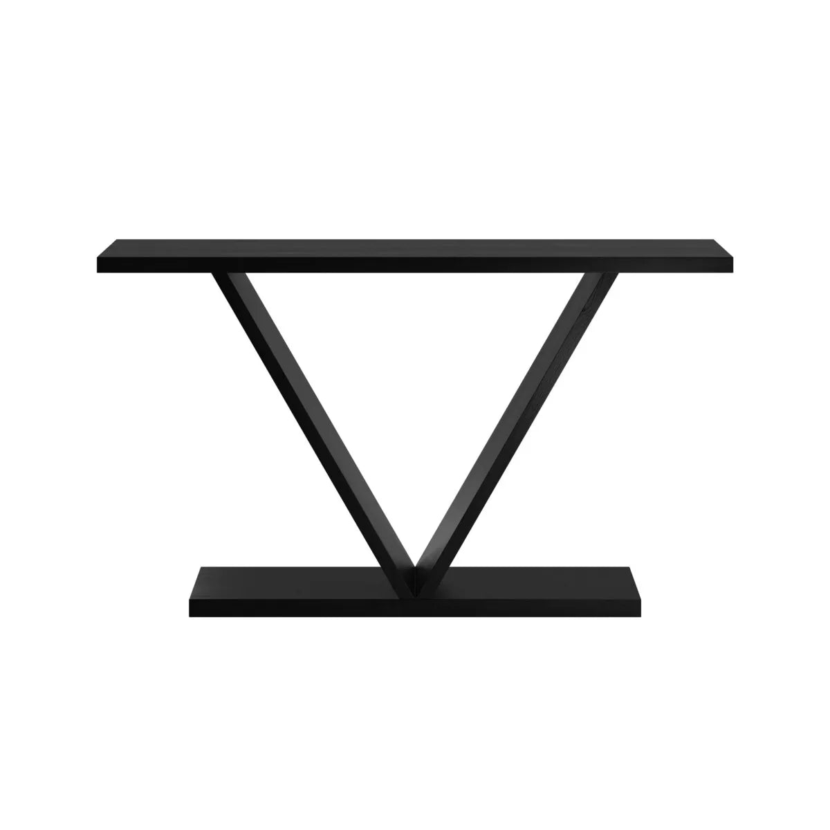 Modern black console table with geometric V-shaped base, minimalist luxury furniture