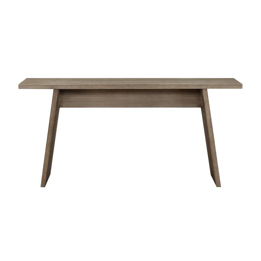 Modern wooden console table with angled legs and minimalist design on white background