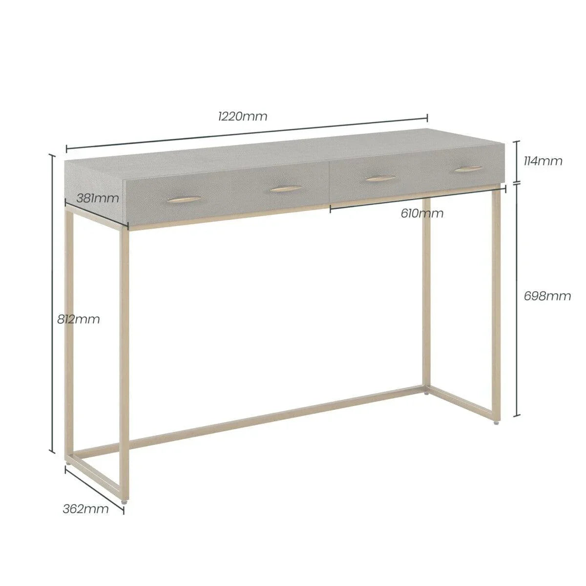 Modern console table with metal frame, two drawers and detailed dimensions labeled in millimeters