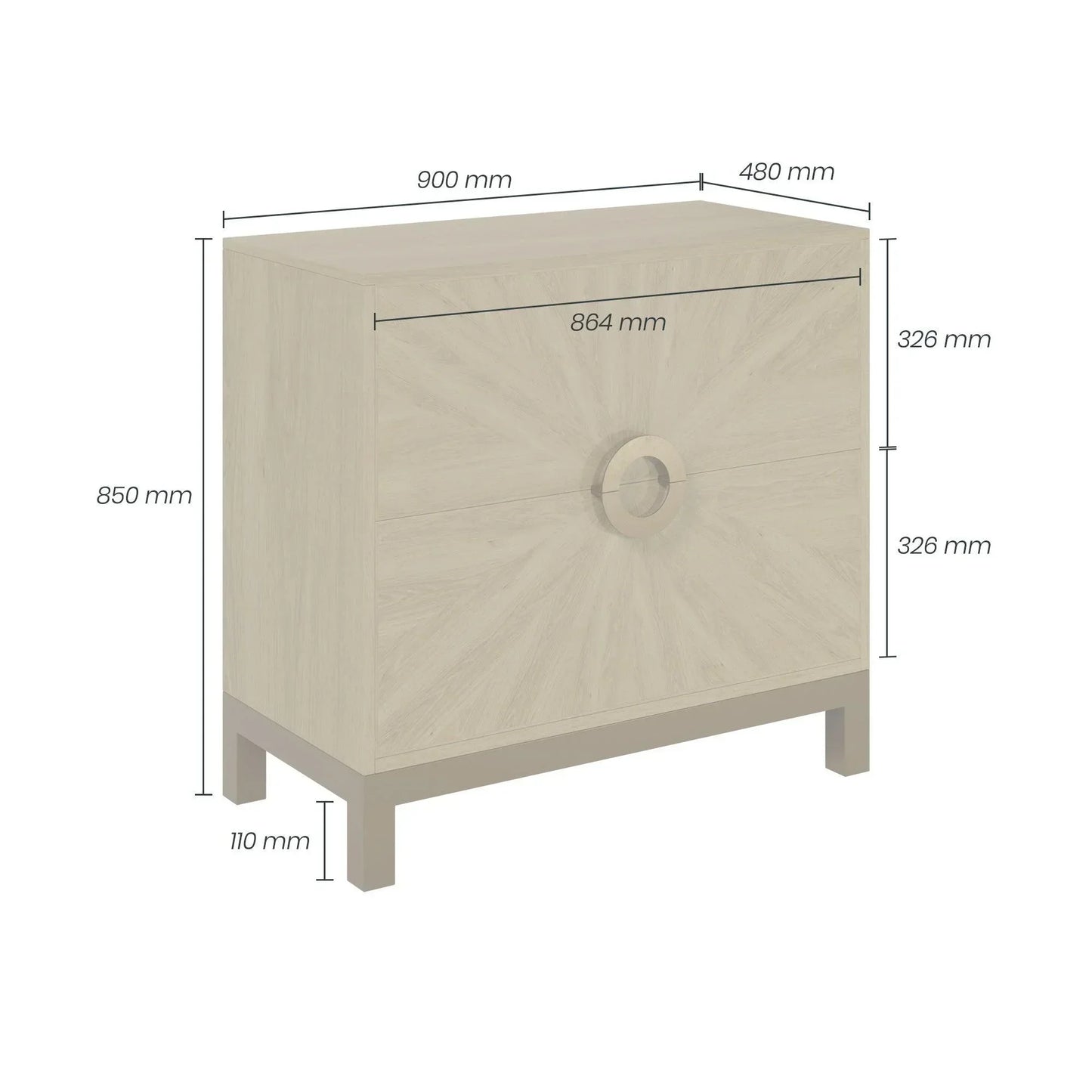 Light wood sideboard with circular handle, sunburst veneer, and labeled dimensions in mm.