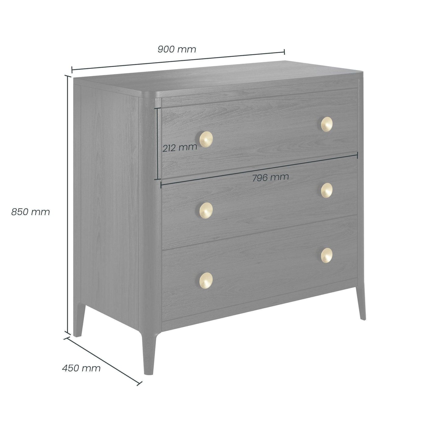Grey wooden dresser with gold knobs, three drawers, and labeled dimensions in millimeters.