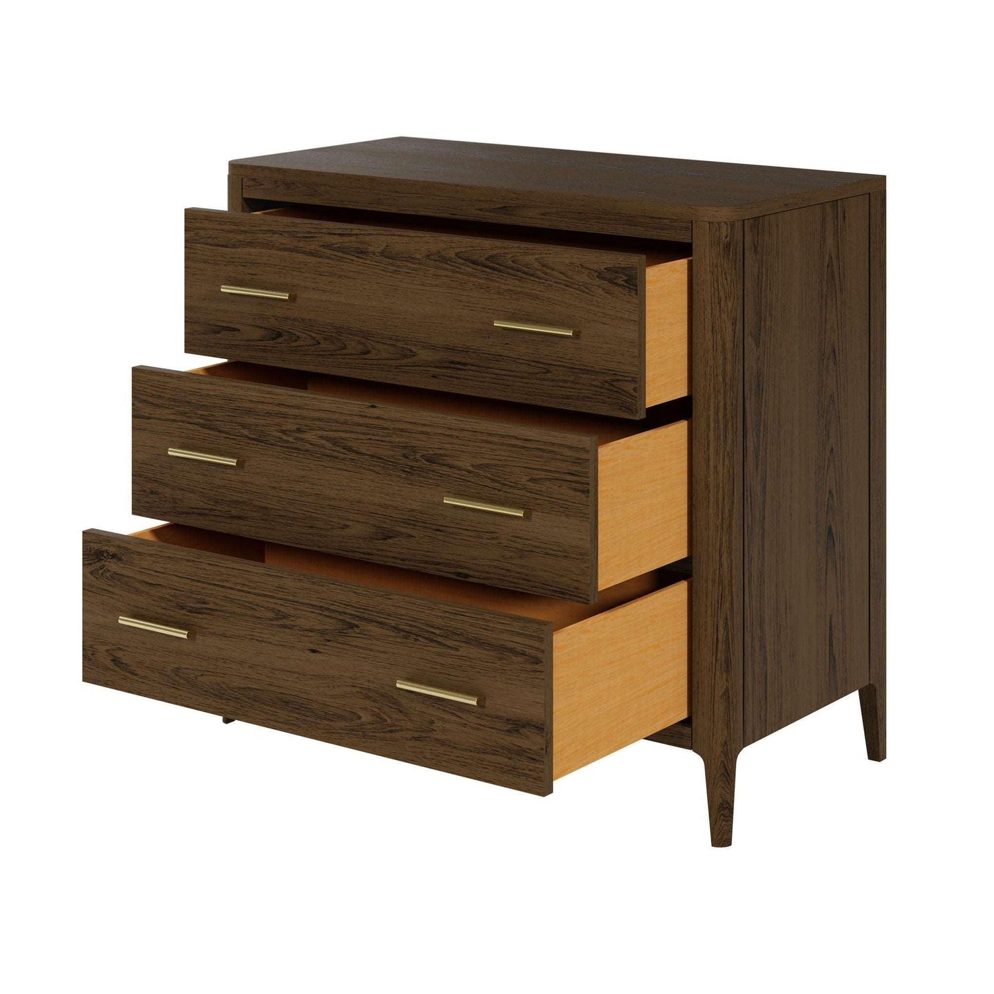Modern wooden chest of drawers with brass handles and three open drawers