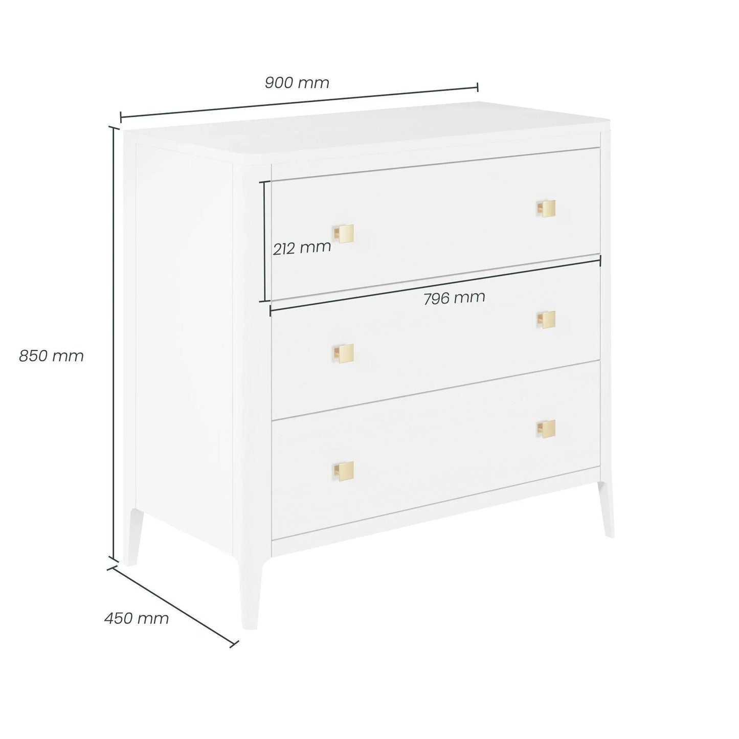 White three-drawer dresser with gold handles and labeled dimensions, luxury furniture