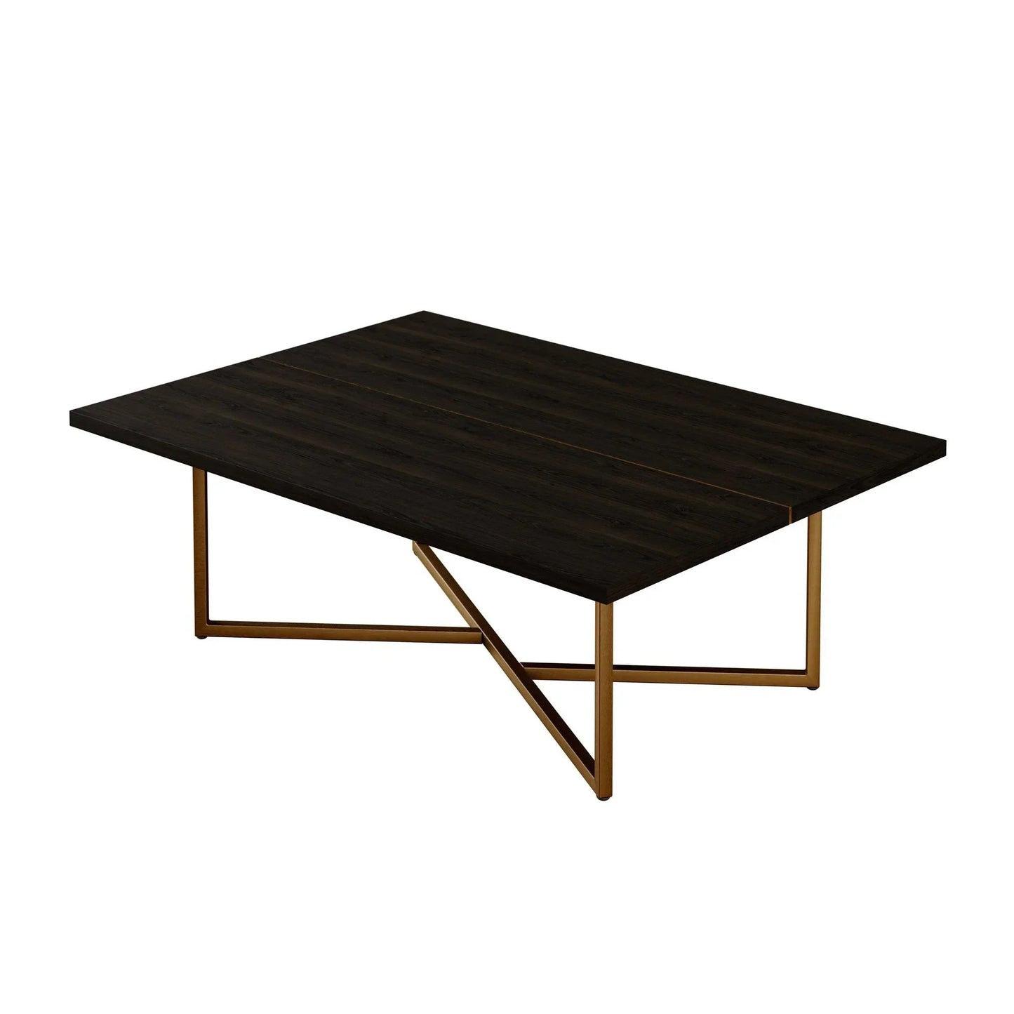 Rectangular dark wood coffee table with gold metal geometric base, modern luxury design