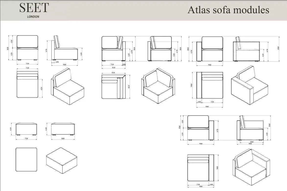 Atlas sofa modules technical drawings with measurements, modern modular furniture design