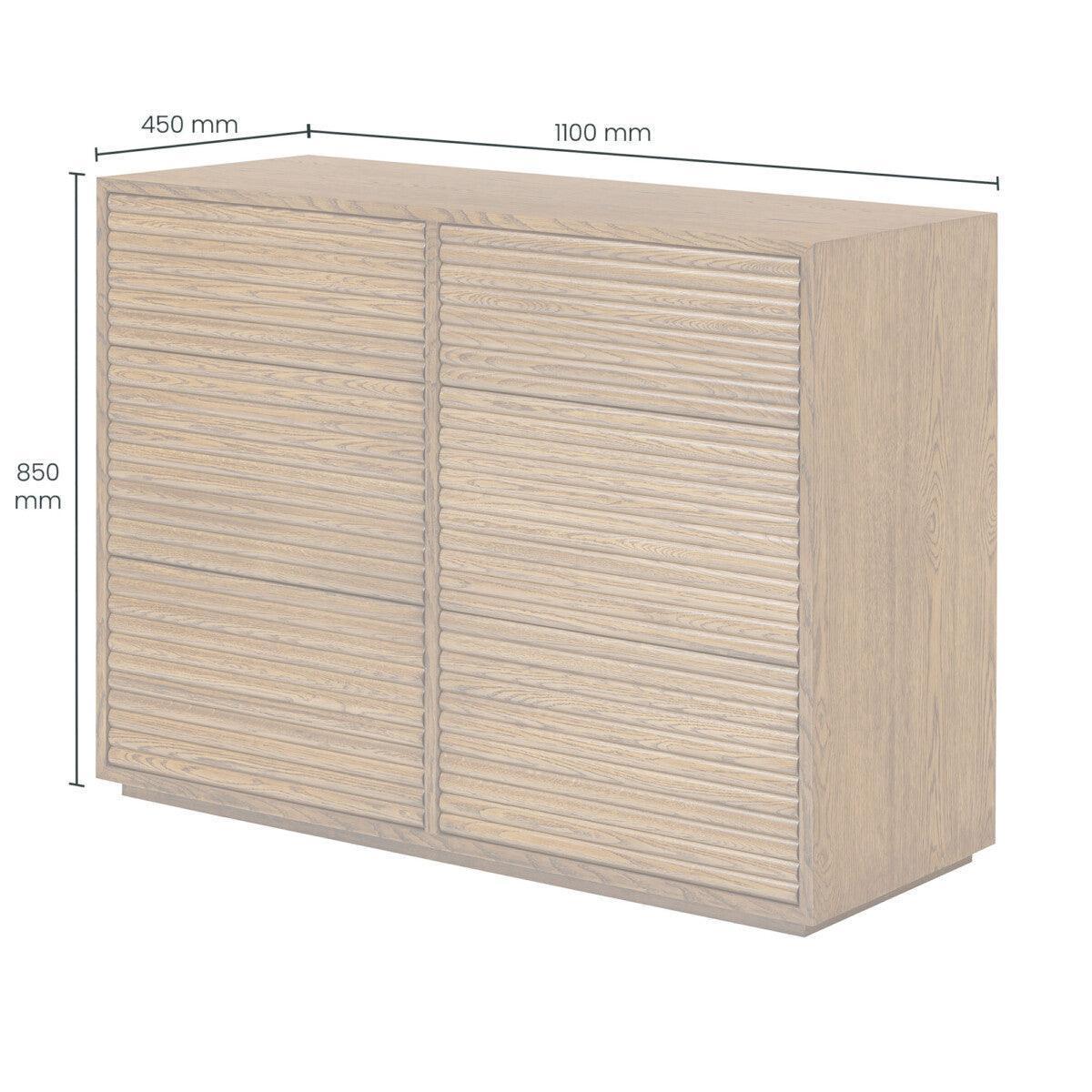 Angled view of a wooden sideboard with grooved doors, labeled dimensions 1100 x 450 x 850 mm