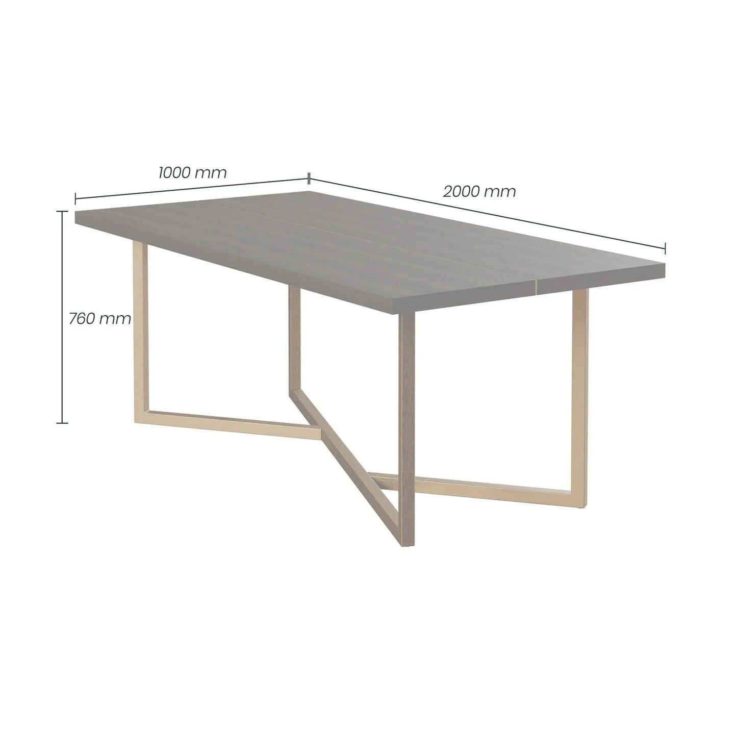 Modern rectangular dining table with wood top and metal base, dimensions 2000x1000x760 mm shown