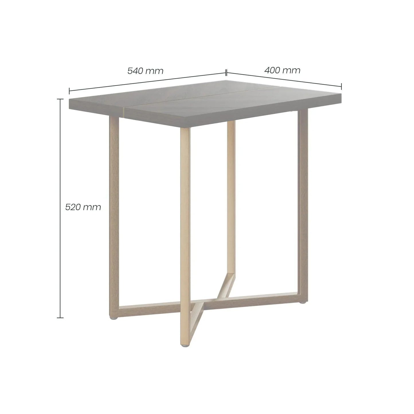 Modern side table with wood top, slim legs, and dimensions 540x400x520 mm shown