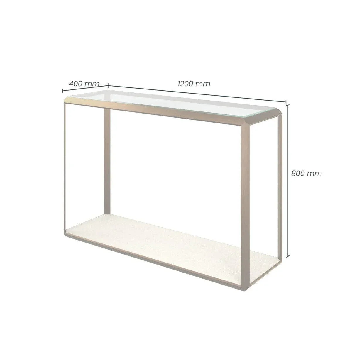 Ivory metal console table with rectangular frame, shown with 1200mm x 400mm x 800mm dimensions.