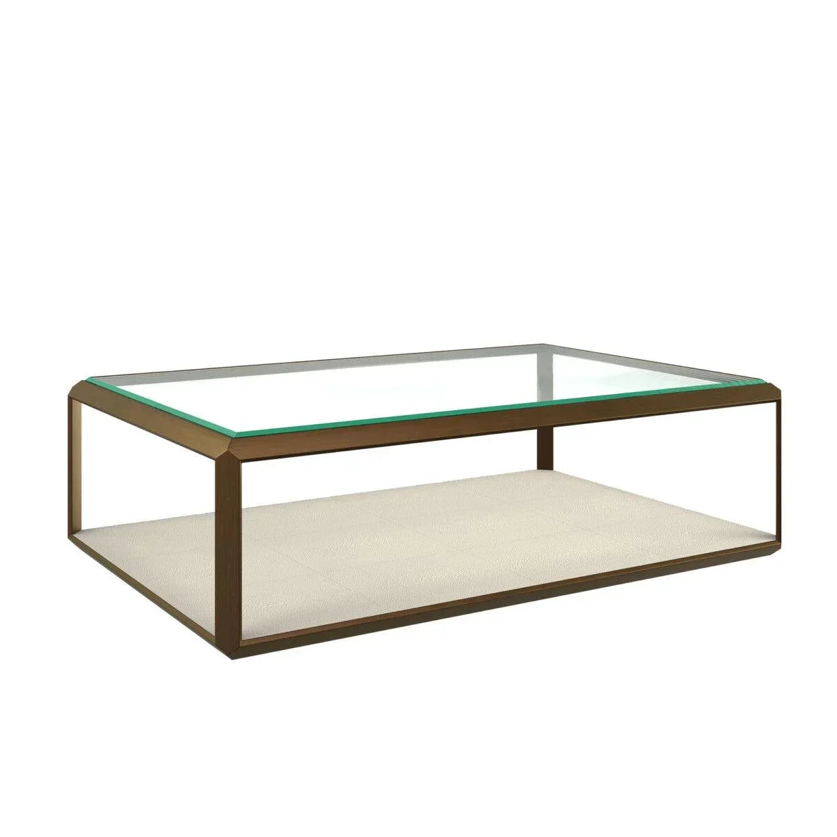 Modern rectangular glass coffee table with brass frame and ivory shelf, minimalist design