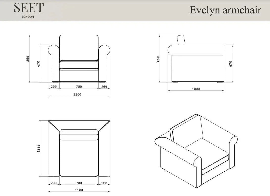 Technical drawing of Evelyn armchair with detailed dimensions and front, side, top, and perspective views.