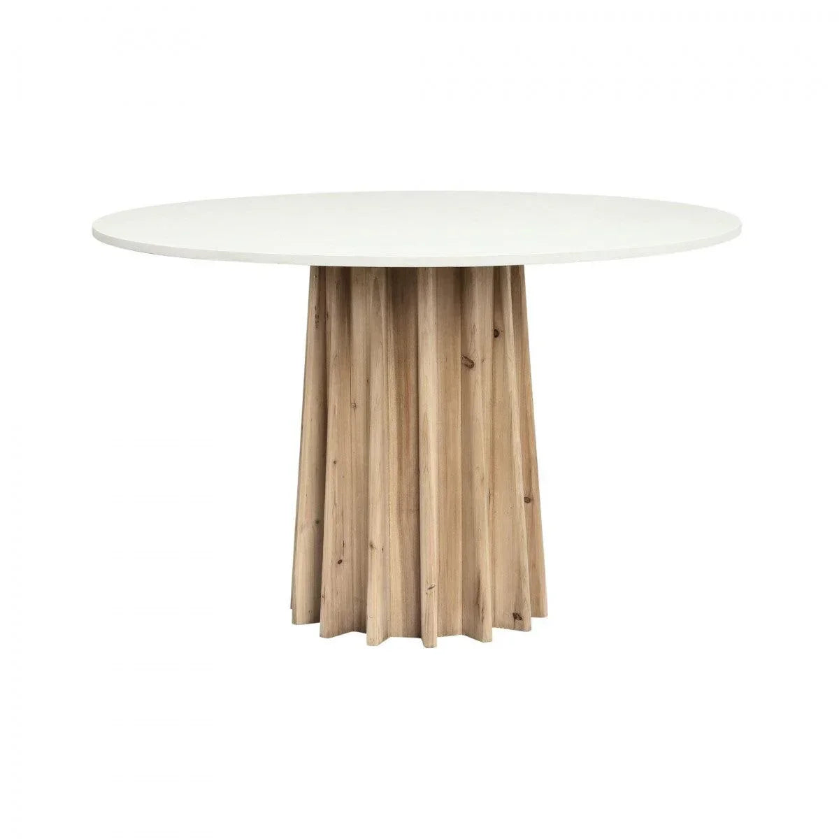 Round dining table with white top and fluted natural wood pedestal base on white background