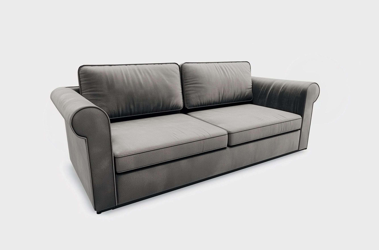 Modern grey sofa with rolled arms and plush cushions on a white background