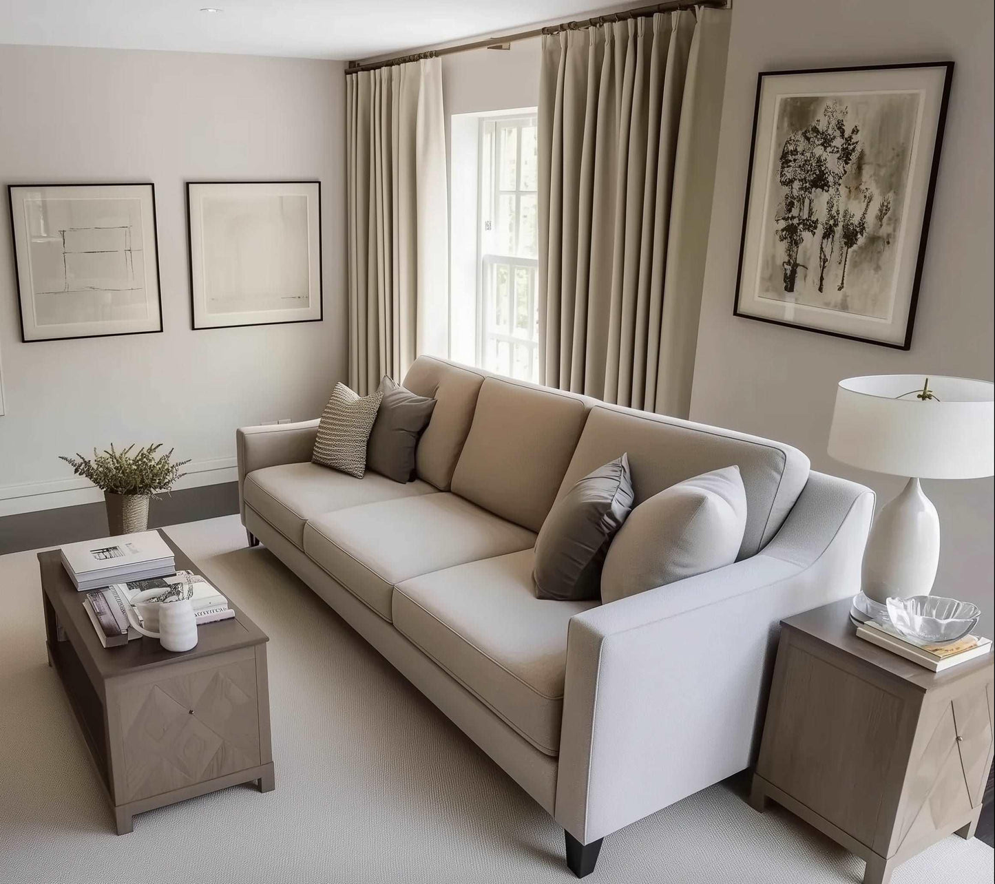 Modern living room with a light grey sofa, neutral decor, and minimalist wall art.