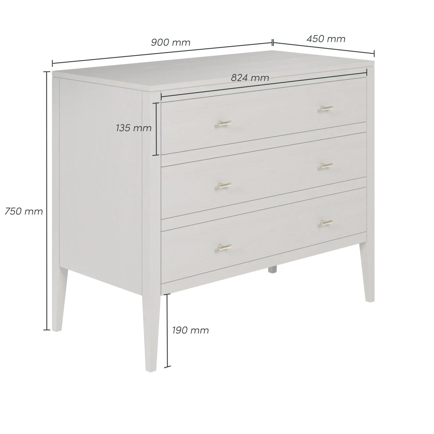 Modern white three-drawer chest with metal handles and dimensions labeled in millimeters