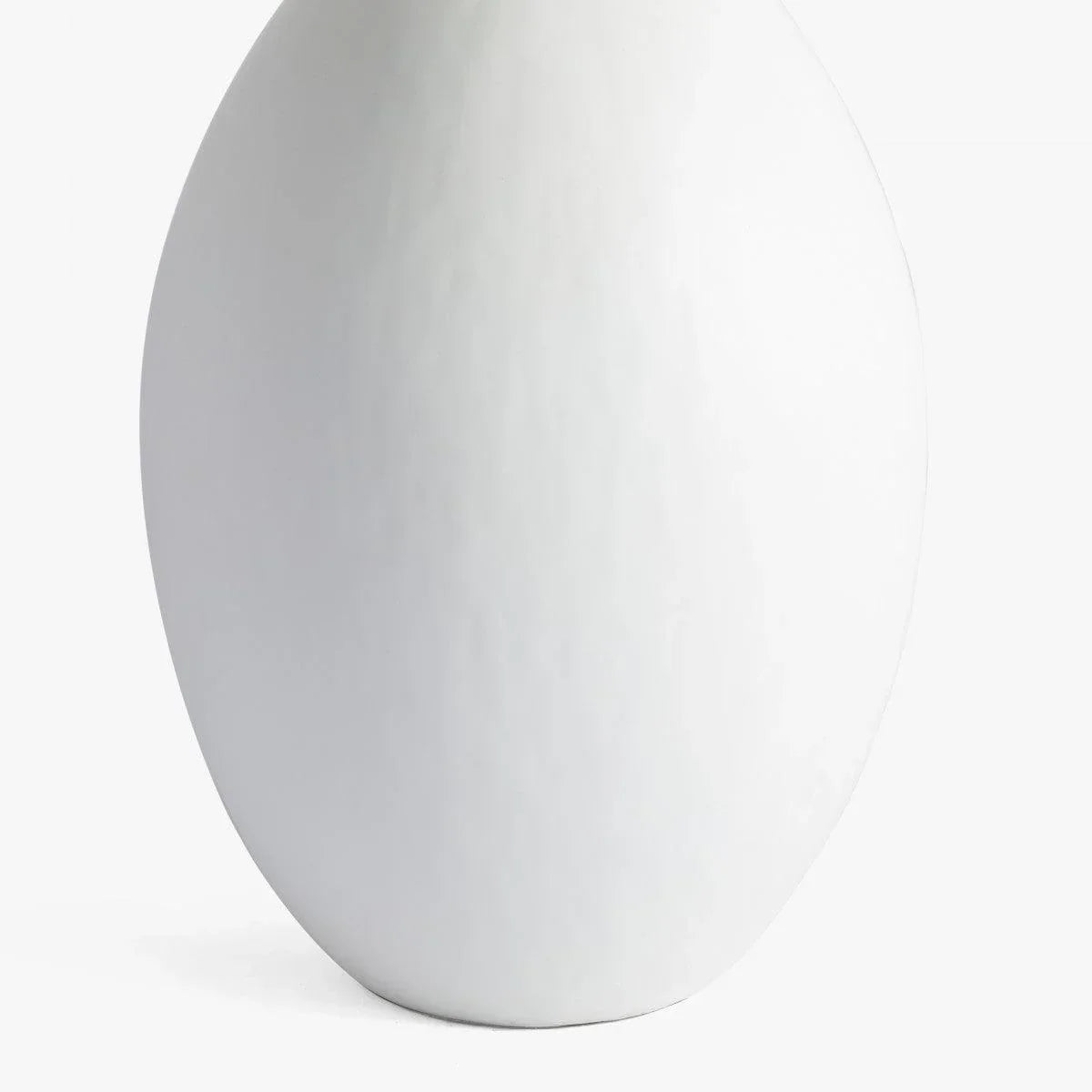 Large round white gesso vase with smooth matte finish on a plain background