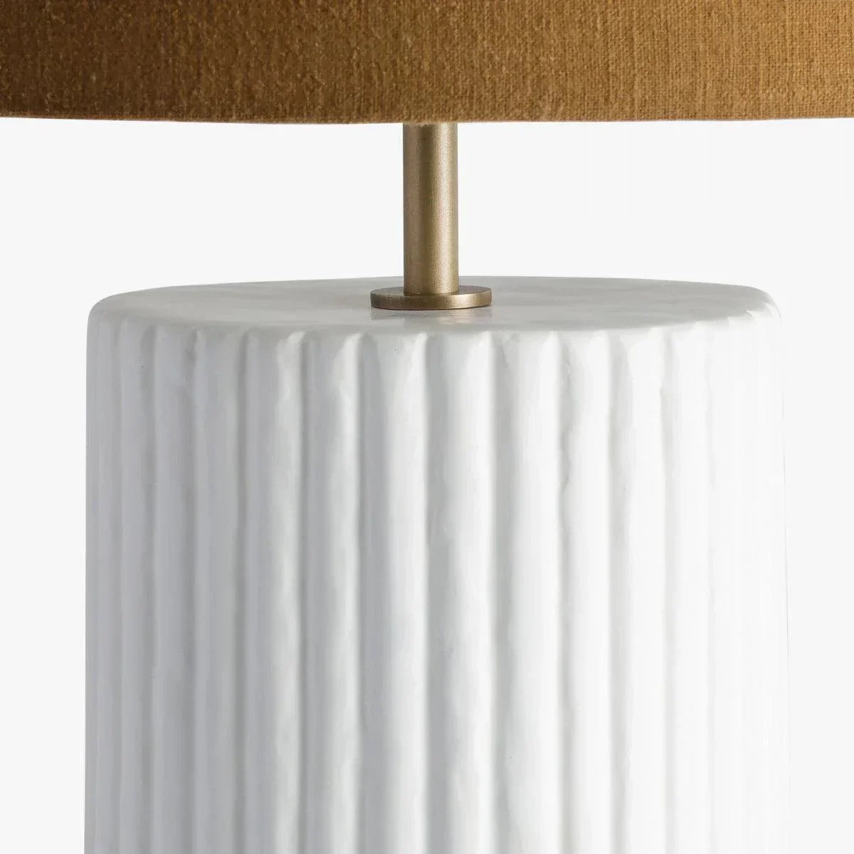 White ribbed ceramic lamp base with textured brown fabric lampshade