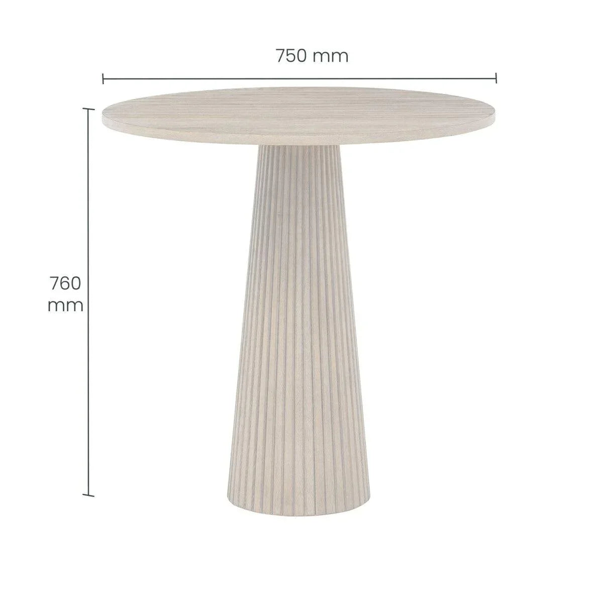 Round light wood pedestal table with fluted base, 750mm wide and 760mm high.