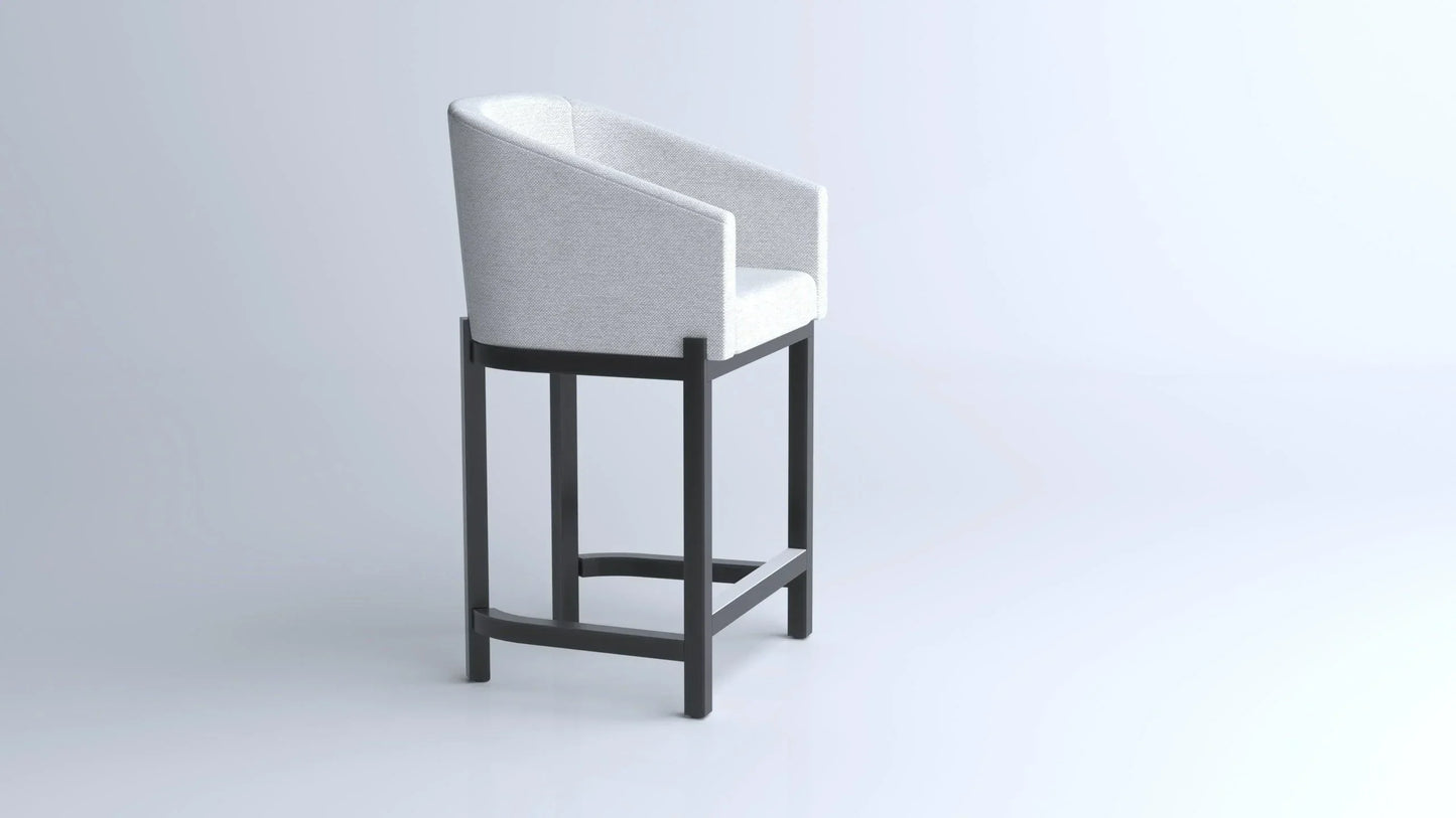Modern white upholstered bar stool with black wooden legs on a light background