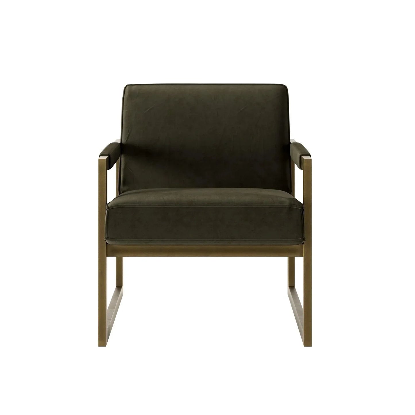 Modern olive green armchair with gold metal frame and minimalist design, luxury furniture