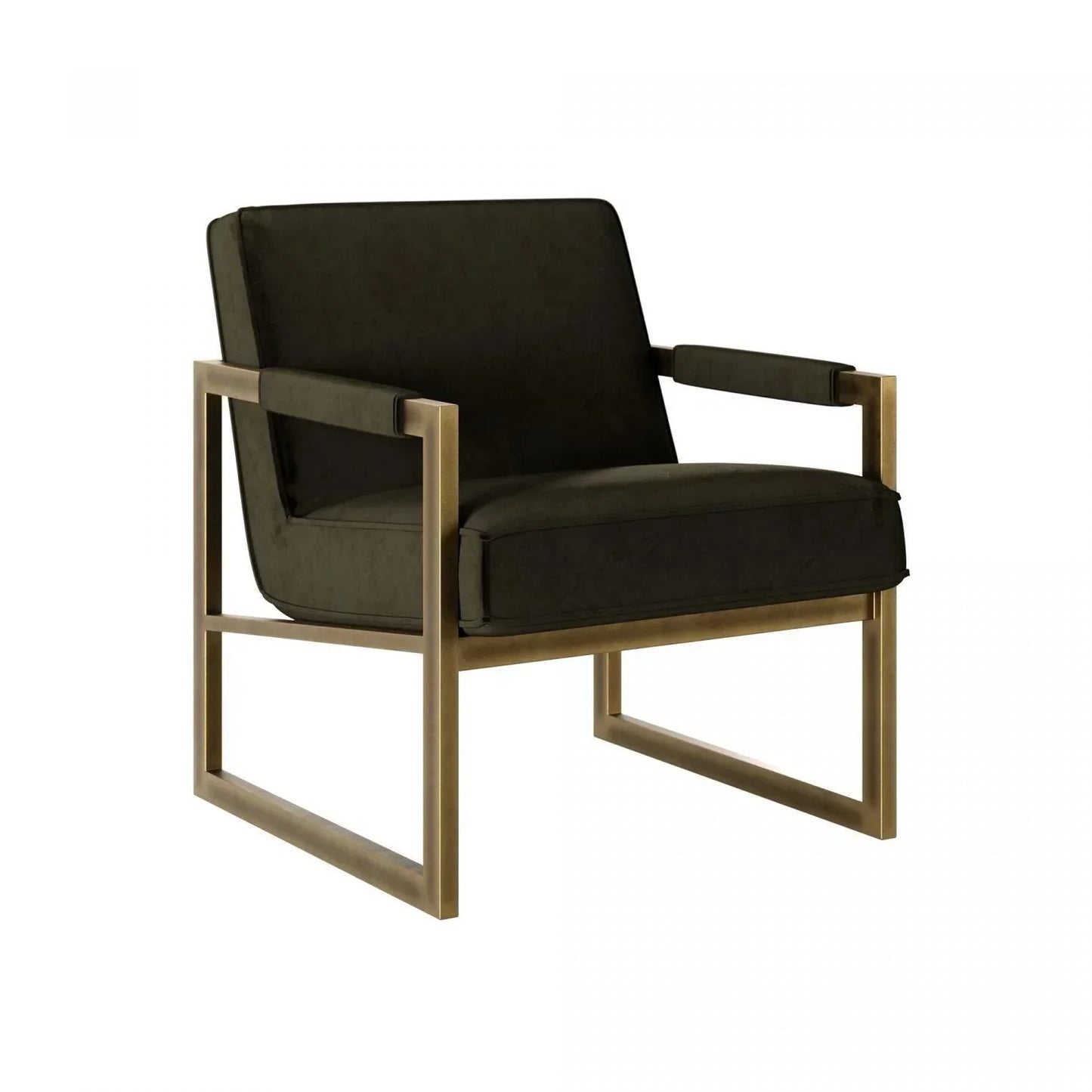 Modern accent chair with matte black cushions and gold metal frame, minimalist design