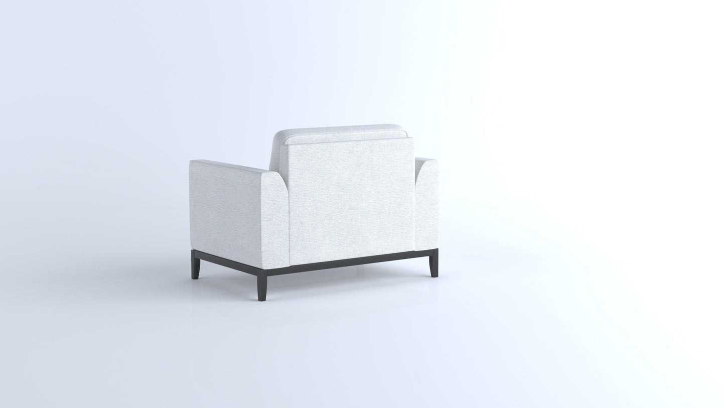 Modern light grey armchair with wooden legs, viewed from the back on a minimal white background