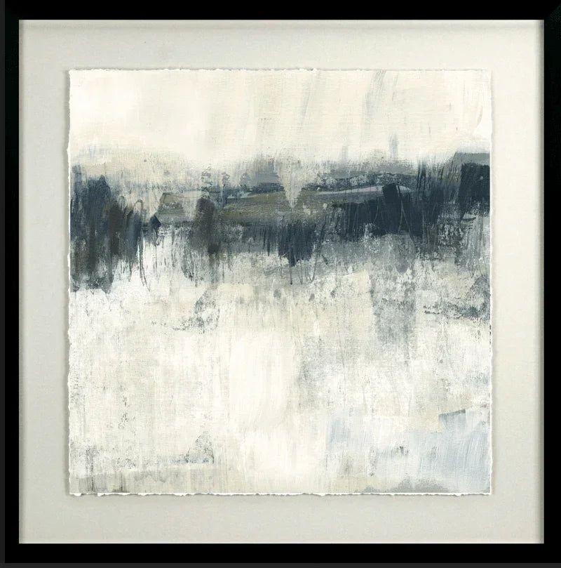 Abstract wall art with textured white, grey, and black brushstrokes in a black frame.