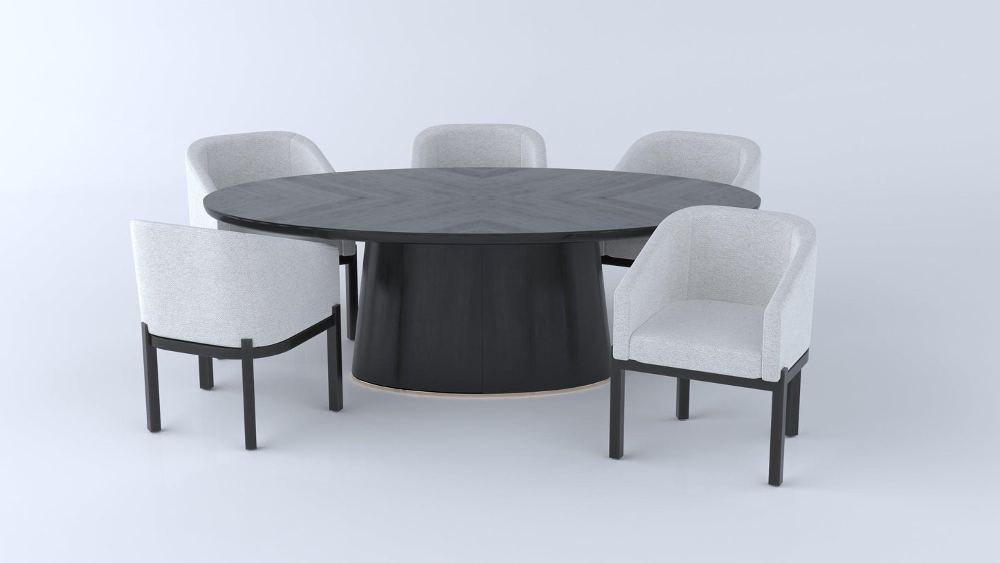 Modern oval black dining table with five upholstered light grey chairs on white background
