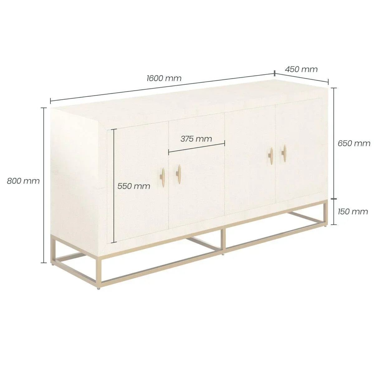 Modern sideboard with gold base, four doors, and annotated dimensions in millimeters.