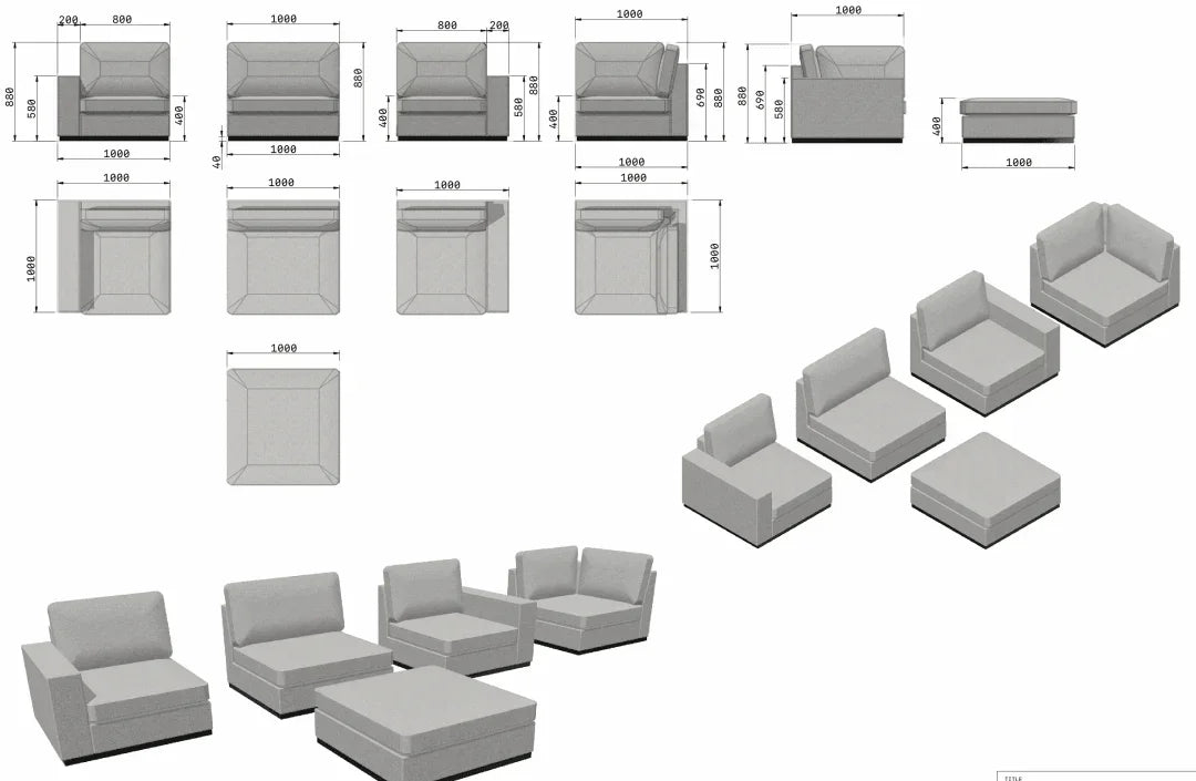 Modular sofa technical drawing showing dimensions, sectional components, and arrangement options.