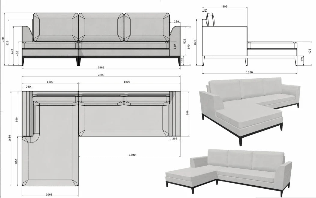 Technical drawing and dimensions of modern L-shaped sectional sofa with chaise lounge.