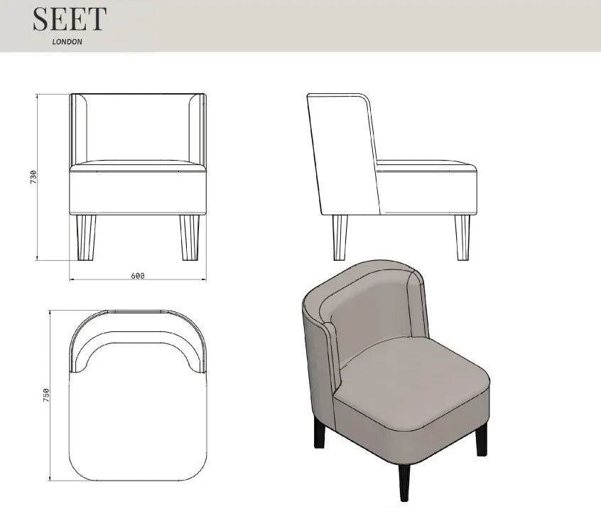 Technical drawing and 3D render of a modern accent chair with rounded back and wooden legs